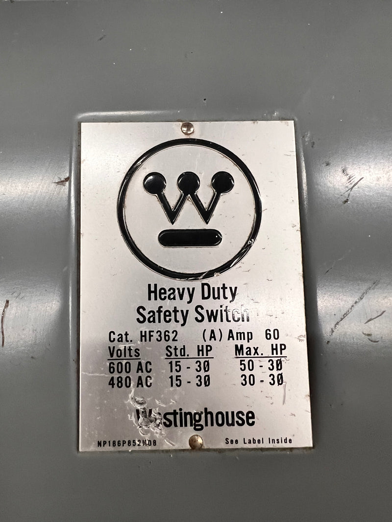 Westinghouse HF362, 60A, 600VAC, Fused, 3 Phase, Type Nema1 Safety Switch