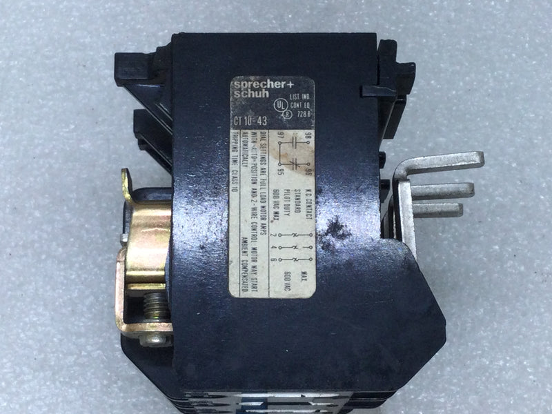 Sprecher+Schuh CT10-43 Thermal Overload Relay Max Fused 100A Max Circuit Breaker 60A 600VAC