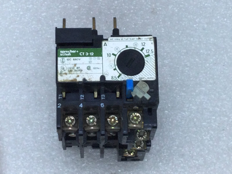 Sprecher + Schuh CT3-12 Overload Thermal Relay Setting Range: 8.5-12.5A 600VAC Max