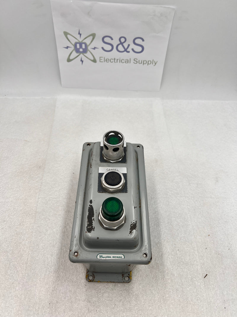 Hoffman E-D3PBX 3 Hole Push Button Enclosure with A-B 800T-A Black Push Button and A-B 800T-PA16 and 800T-PB16  Indicator Lights