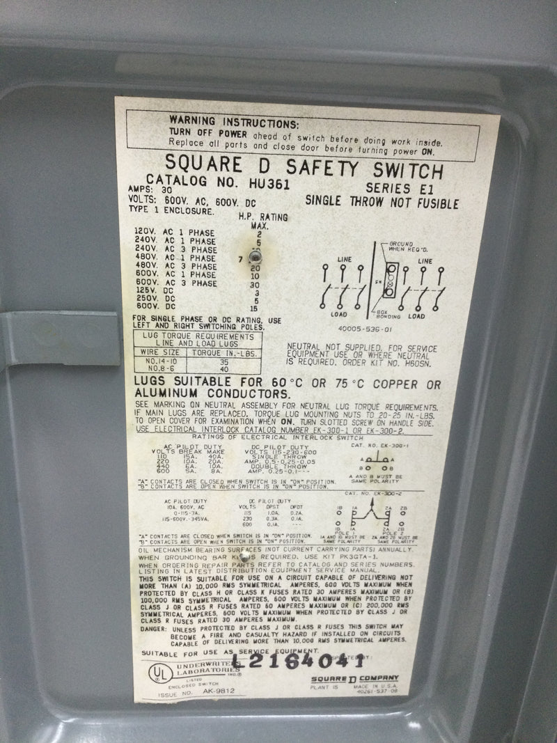 Square D HU361 30 Amp 3 Pole 600V Non Fused HD Safety Switch 10 3/4" x 6"