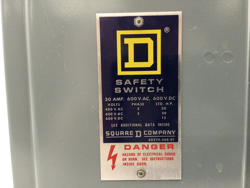 Square D HU361 30 Amp 3 Pole 600V Non Fused HD Safety Switch 10 3/4" x 6"