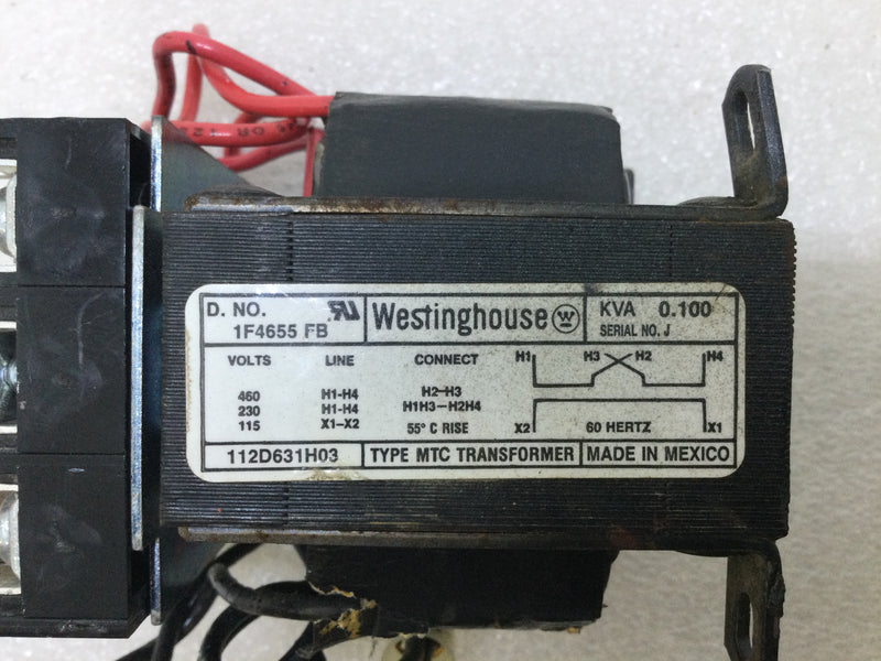 Westinghouse 1F4655 FB 0.100 KVA Serial J 112D631H03 Type MTC Transformer