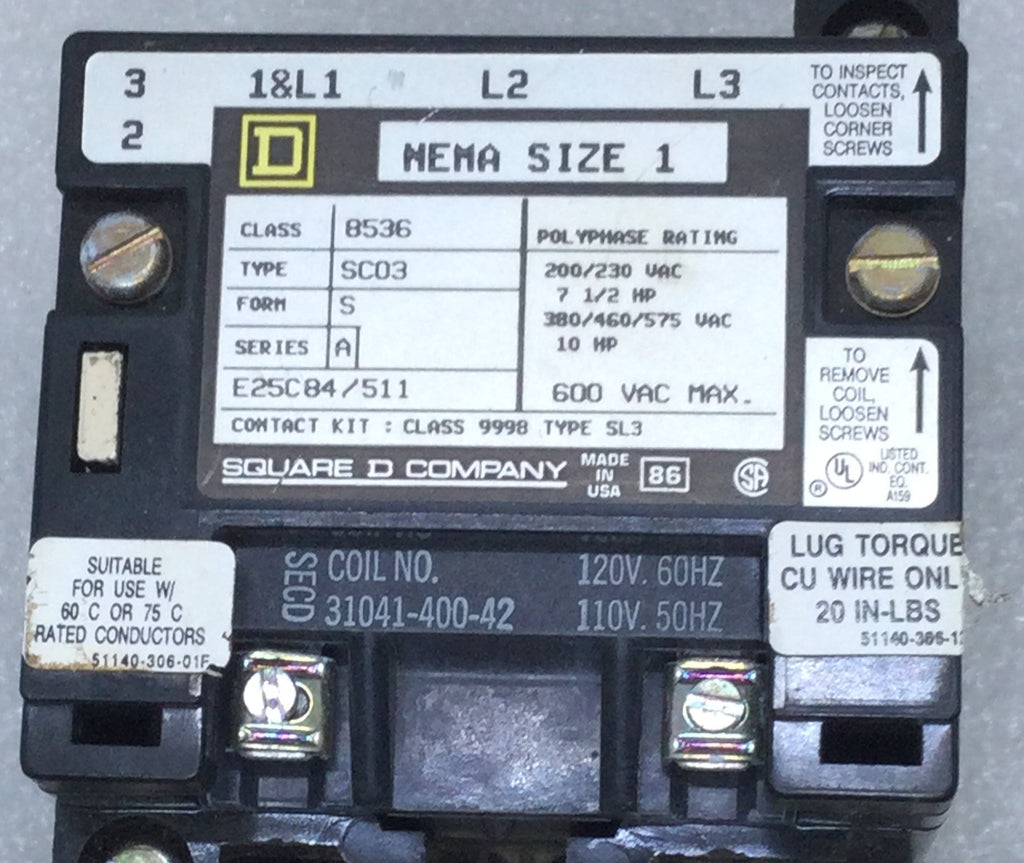 Sco Motor Square D 8536 Type SCO3 Series A Form S NEMA Size 1 Motor Starter