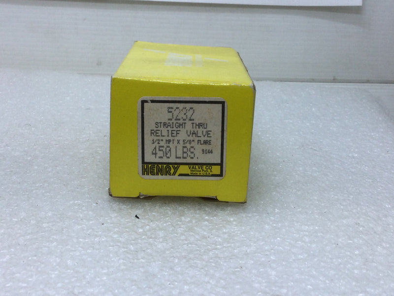 Henry Valve Co. 5232 Straight Thru Relief Valve 1/2"x5/8" Flare 450lbs. PSI