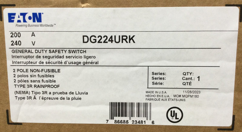 Eaton DG224URK Safety Switch, 200A, 2P, 240V, GD, Non-Fusible, NEMA 3R