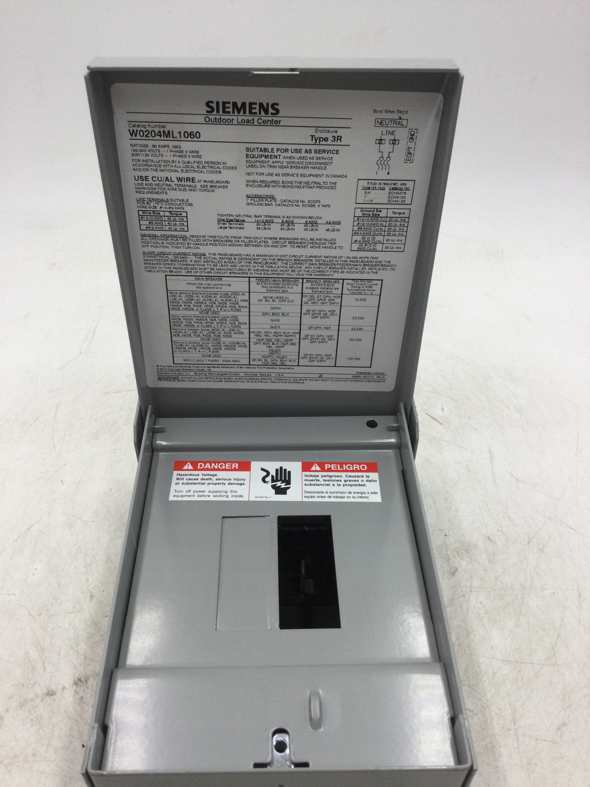 Siemens W0204ML1060 60 Amp Single-Phase Low Voltage Main Lug Load Cent
