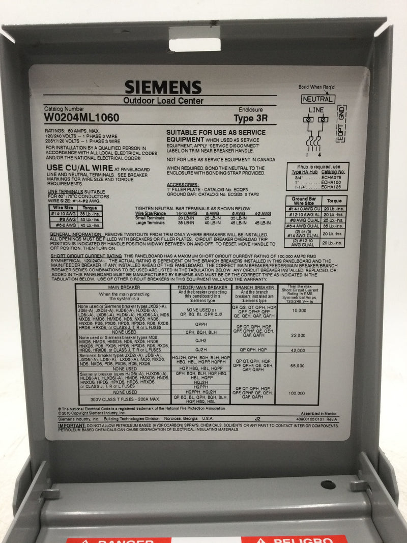 Siemens W0204ML1060 Single-Phase Low Voltage Residential Main Lug Load Center, 60A, 2 Spaces, 4 Circuits