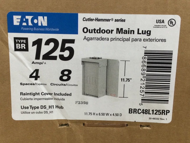 Eaton BRC48L125RP 125 Amp 4-Space 8-Circuit Main Lug NEMA 3R Outdoor Load Center