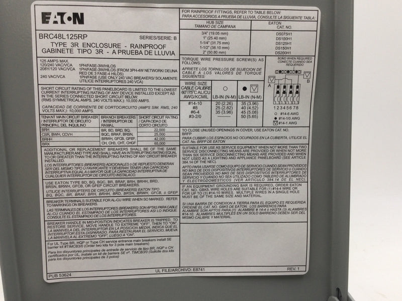Eaton BRC48L125RP 125 Amp 4-Space 8-Circuit Main Lug NEMA 3R Outdoor Load Center