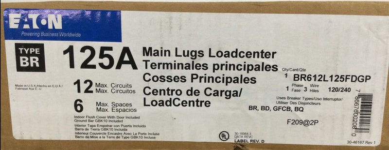Eaton BR612L125FDGP BR 125 Amp 6-Space 12-Circuit Indoor Main Lug Flush Door