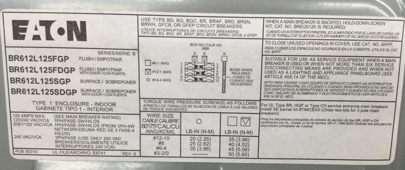 Eaton BR612L125FDGP BR 125 Amp 6-Space 12-Circuit Indoor Main Lug Flush Door