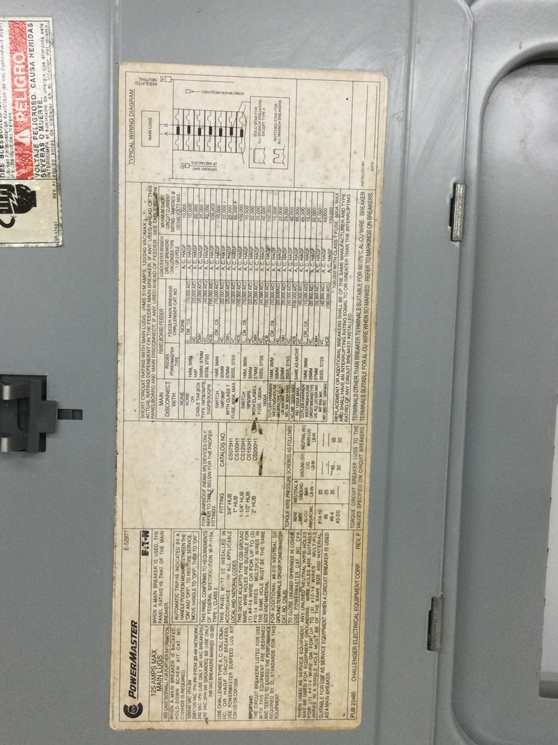 Challenger PowerMaster 20 Space 125 Amp 120/240V 1m Phase 3 Wire Cover Only 22" x 15 3/8"