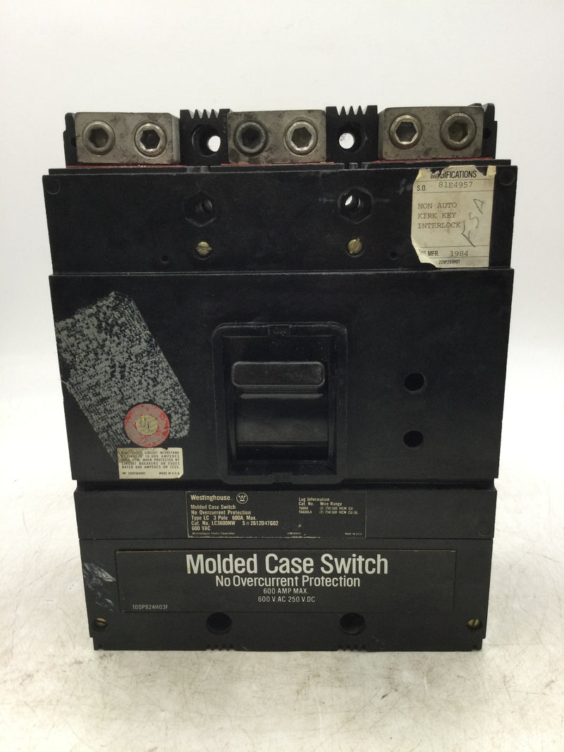Westinghouse LC3600NW 600 Amp 3 Pole 600Vac 250VDC Molded Case Switch