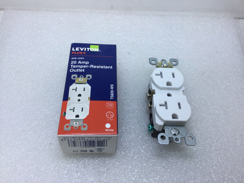 Leviton T5820-WS 20 Amp 125V Tamper Resistant Outlet White Self Grounding
