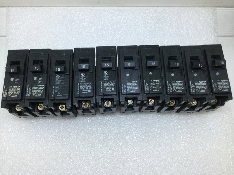 Lot of 10 - Siemens/ITE/Gould Q115 Single Pole 15 Amp 1 Pole 120/240VAC Type QP Circuit Breaker