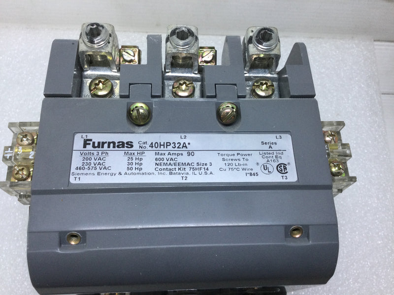 Furnas 40HP32A Contactor 90 Amp Max 600VAC 3-Phase Ser. A