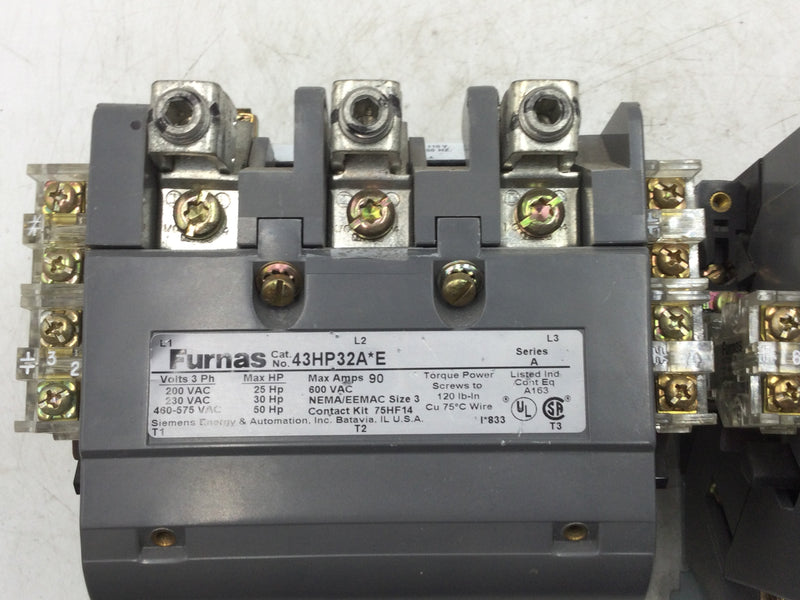 Furnas 43HP32A*E Reversing Contactor 90 Amp Max 600VAC Series A 3-Phase