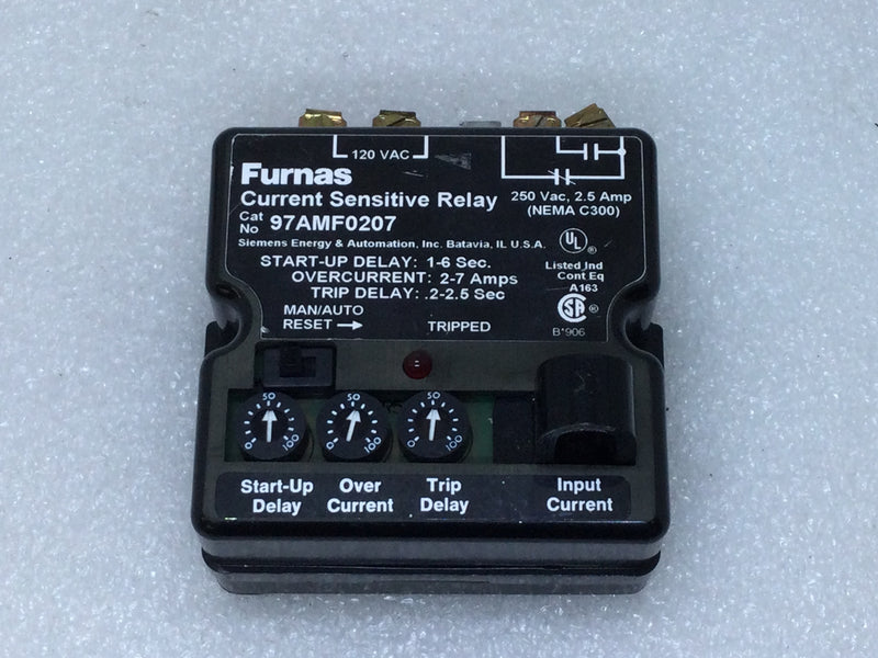 Furnas 97AMF0207 Current Sensitive Relay Start-Up Delay: 1-6 Seconds Overcurrent: 2-7A Trip Delay: 2-2.5 Seconds 250VAC