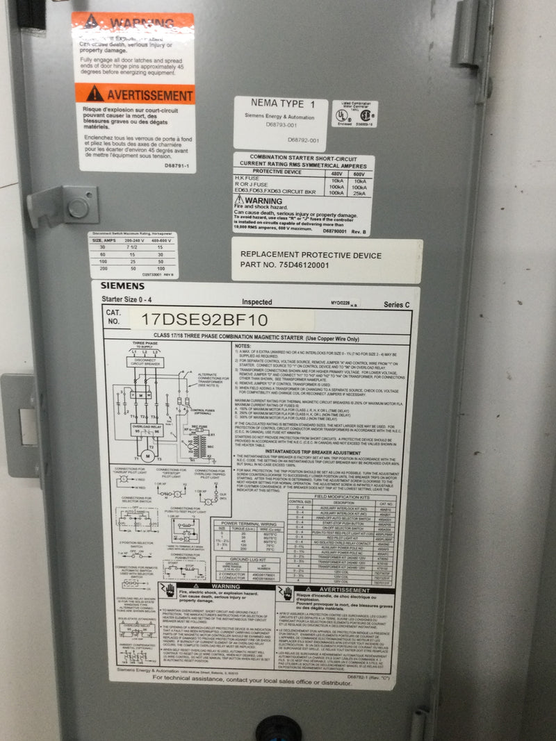 Siemens Combo Box Enclosure 17DSE92BF10 With Fused Disconnect Switch - No Starter NEMA 1