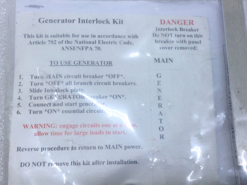 Generator Interlock Kit K-6010 Residential Series