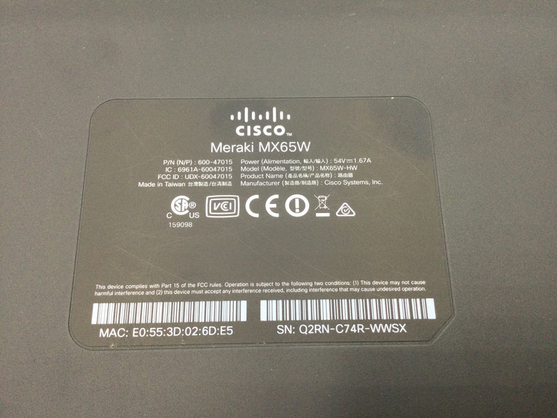 Cisco Meraki MX65W Small Branch Security Appliance 250 Mbps Firewall w/12 GbE Ports