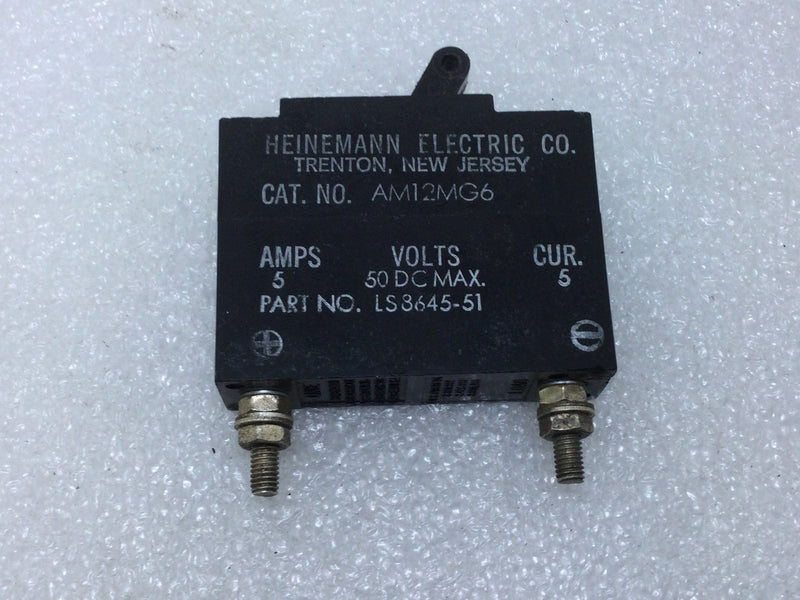 Heinemann Electric LS8645-51 Circuit Breaker 5 Amp 50VDC Max. Current 5 Cat.No. AM12MG6