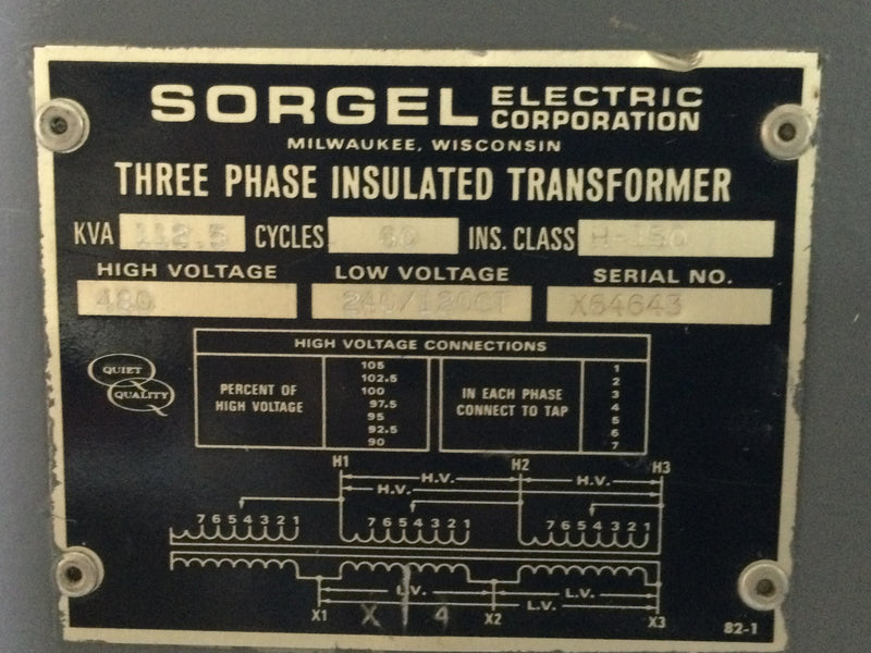 Sorgel Electric Three Phase Insulated Transformer, 112.5 kva, 60 cycles, Class H-150, 480 Volt, Low Voltage 240/120 CT Serial Number X64643