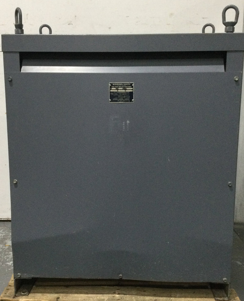 Sorgel Electric Three Phase Insulated Transformer, 112.5 kva, 60 cycles, Class H-150, 480 Volt, Low Voltage 240/120 CT Serial Number X64643