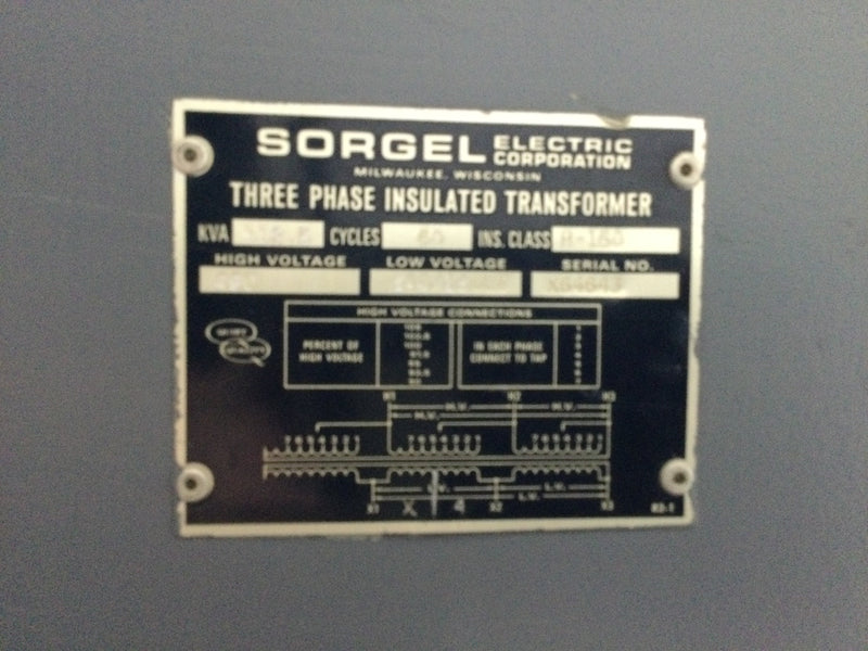 Sorgel Electric Three Phase Insulated Transformer, 112.5 kva, 60 cycles, Class H-150, 480 Volt, Low Voltage 240/120 CT Serial Number X64643