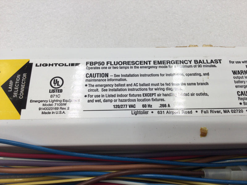 Lightolier FPB50 Fluorescent Emergency Ballast 120/277 VAC 60 HZ .266 Amp with LED Test Switch