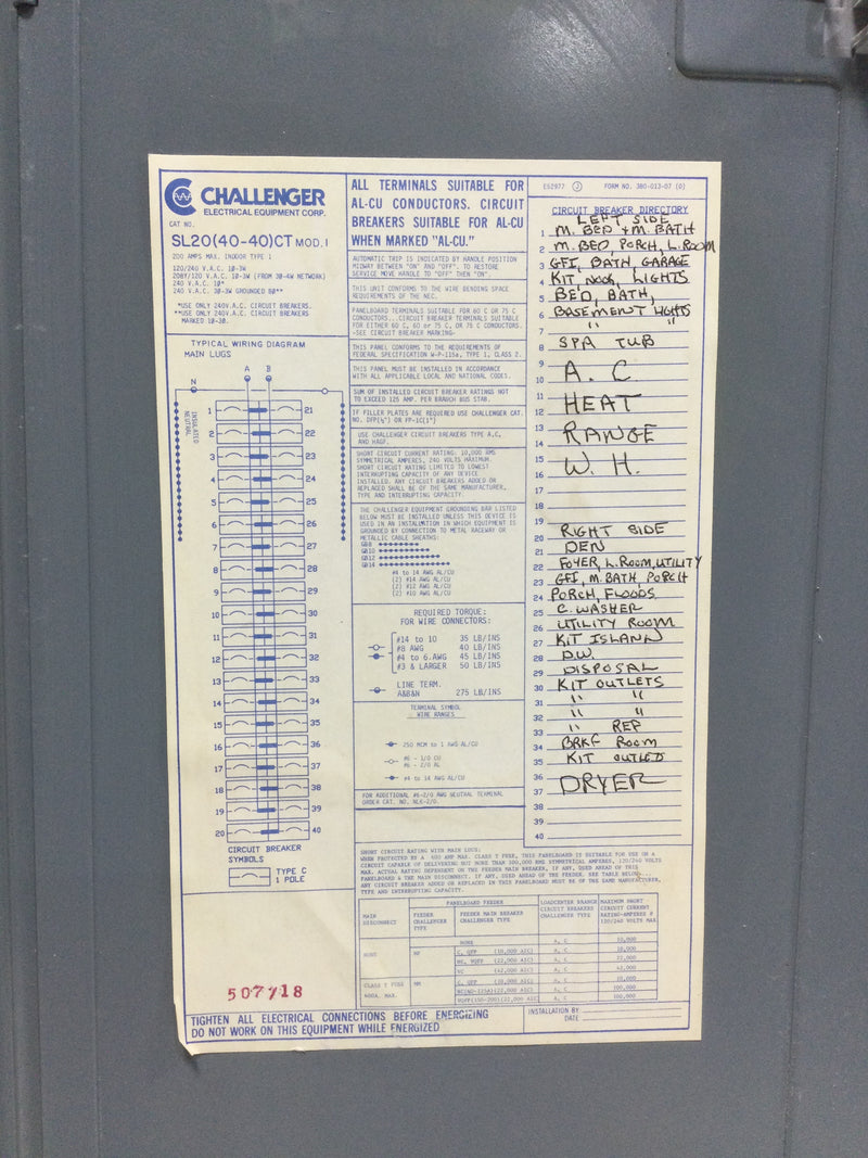 Challenger SL20(40-40)CT 200 Amp 120/240V 1 Phase 3 Wire Panel Cover 37 1/8" x 15 1/8"