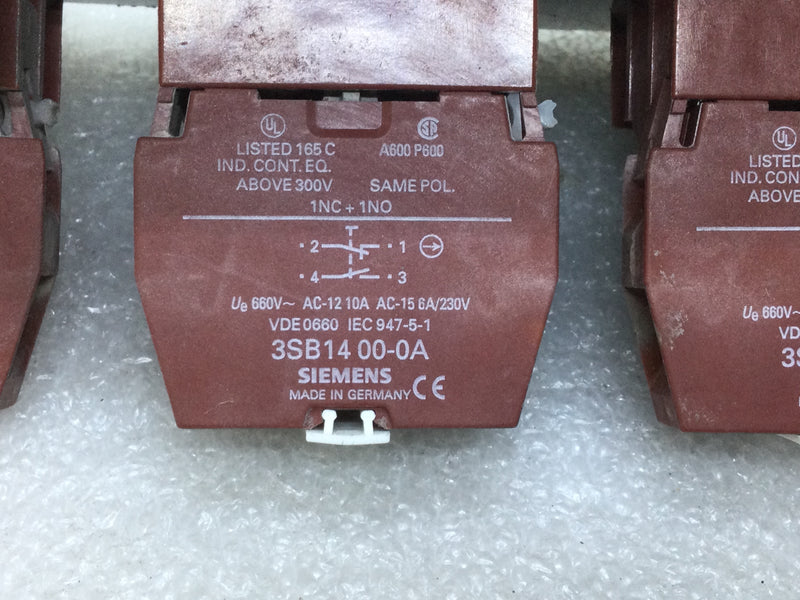 Siemens 4-Opening Control Board Consist of 4 ea. 3SB1400-0A Auxiliary Contact Blocks 10 Amp 660VDC 230CV