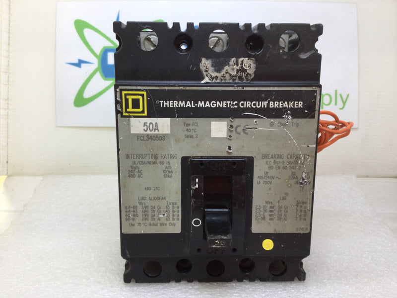 Square D FCL34050G 50 Amp 3 Pole 480V Circuit Breaker w/Shunt Trip