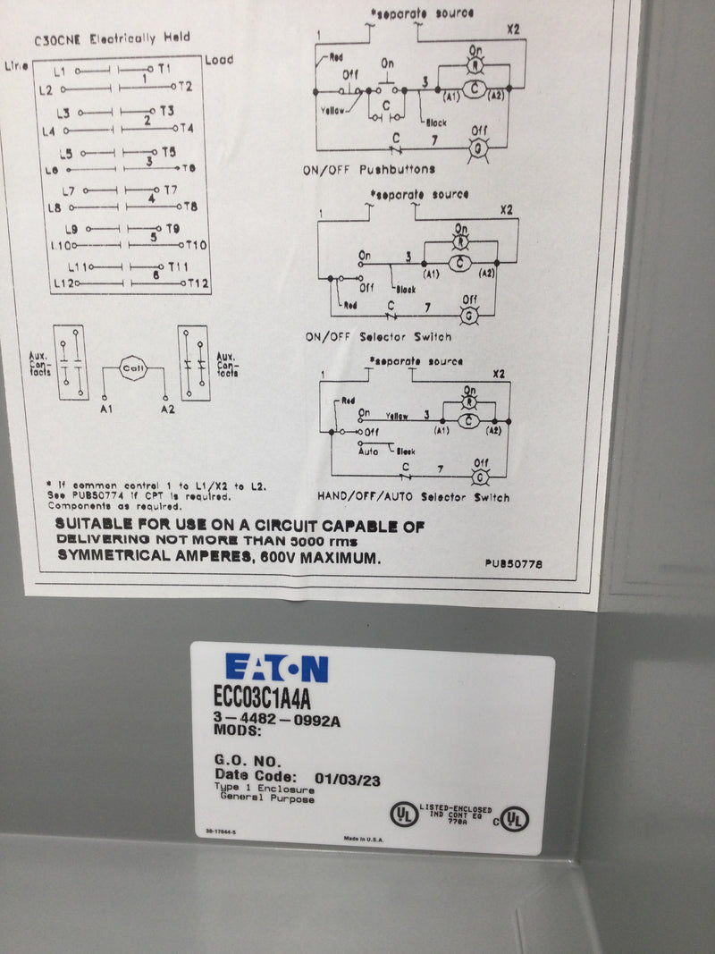Eaton ECC03C1A4A 30 Amp 4 Pole Lighting Contactor Series 120-600 VAC with 120 VAC Coil
