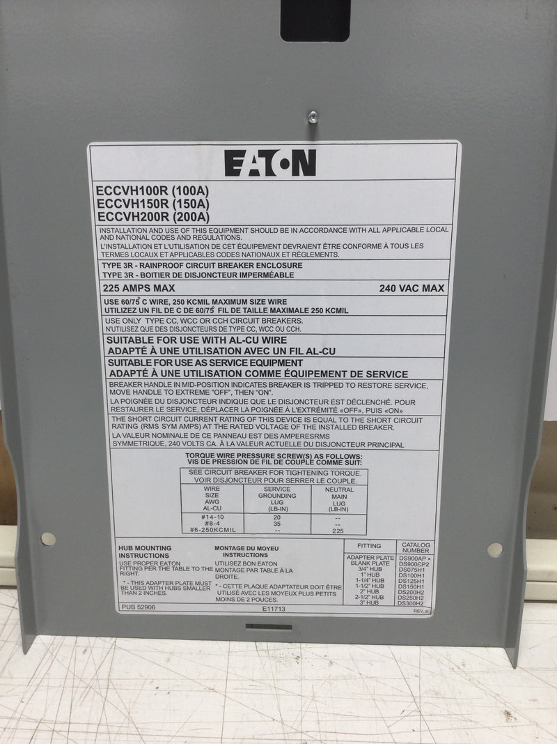Eaton ECCVH100R 2-Pole Outdoor Front Operable Circuit Breaker Enclosure 240 VAC with CCVH2100 100 Amp Breaker