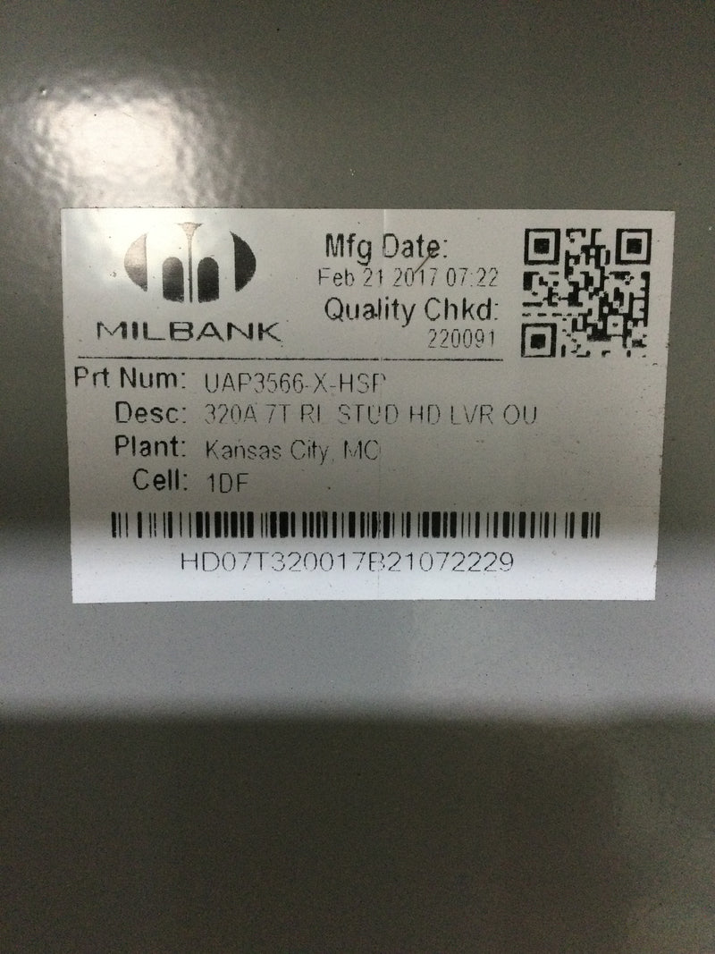 Milbank UAP3566-X-HSP 7 Terminal Ringless Large Closing Plate Lever Bypass Stainless Steel Hasp Aluminum Painted Wide Shell