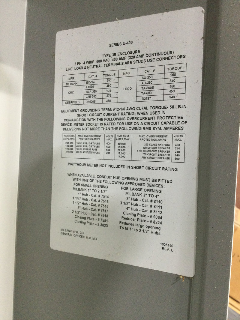 Milbank UAP3566-X-HSP 7 Terminal Ringless Large Closing Plate Lever Bypass Stainless Steel Hasp Aluminum Painted Wide Shell
