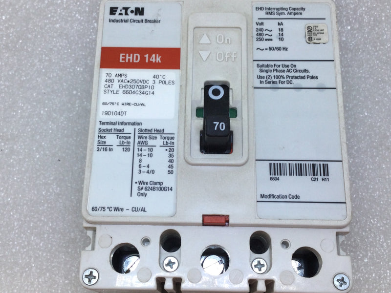Eaton EHD3070BP10 3 Pole 70 Amp 480Vac 250VDC Circuit Breaker