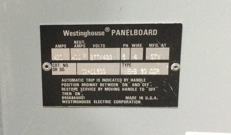 Westinghouse CG-11300 15 Space/30 Circuit 400 Amp 480 VAC 3 Phase 3 Wire Type EHB Main Load Center 20" X 47"