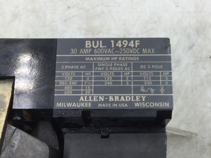 Allen-Bradley BUL 1494F Disconnect 30 Amp 600VAC 250VDC Max 3-Phase AC
