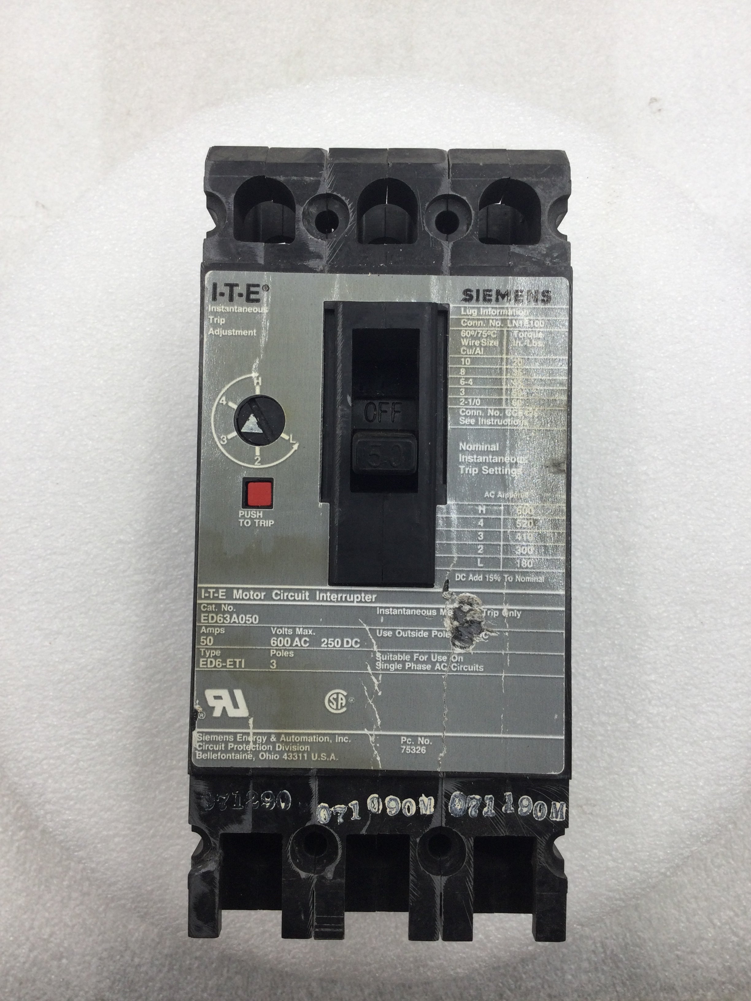 Siemens/ITE ED63A050 50 Amp 3 Pole 600 VAC ED6-ETI Circuit Breaker