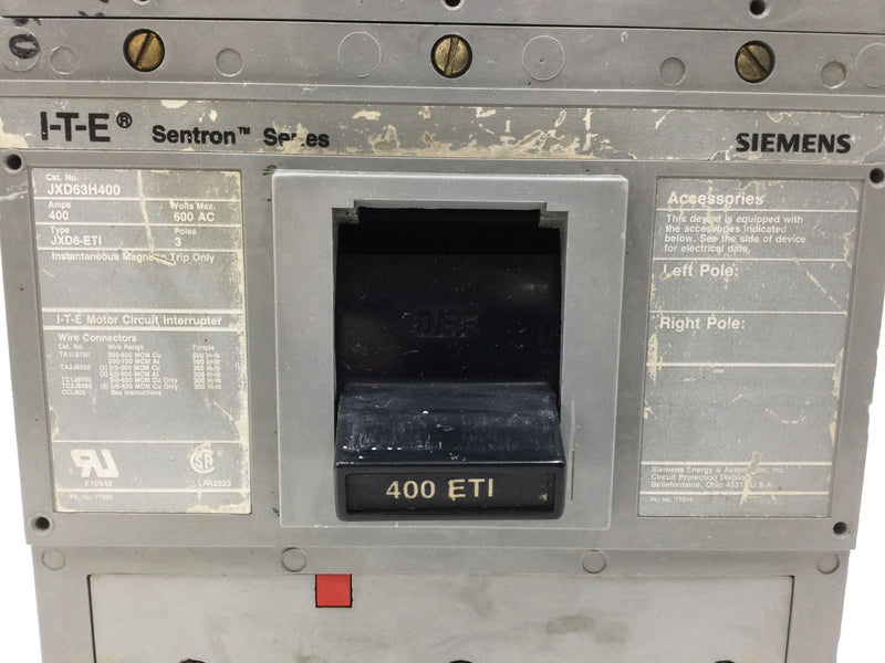 ITE/Siemens JXD63H400 400 Amp 3 Pole 600Vac Sentron Series Circuit Bre