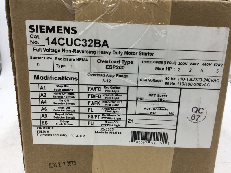 Siemens 14CUC32BA 3 Phase 120/240v 60hz NEMA 1 Motor Starter