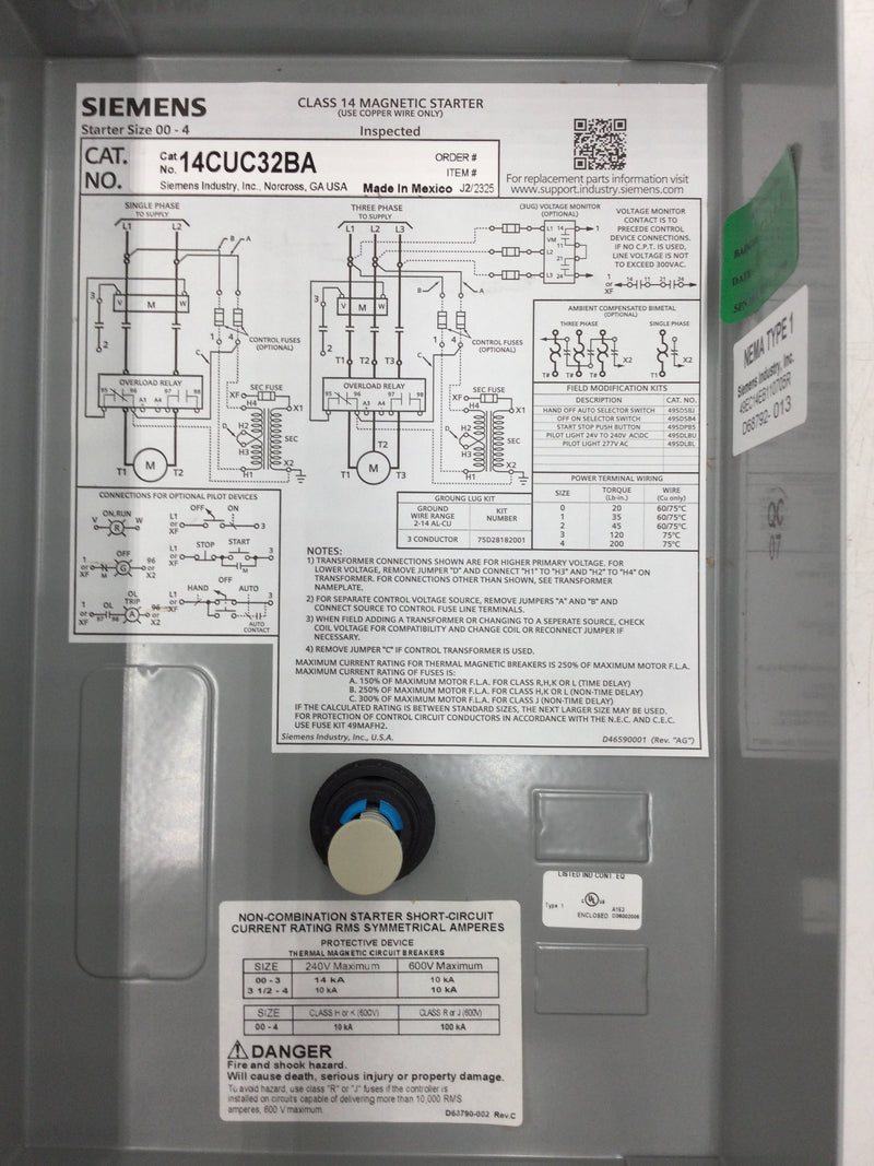 Siemens 14CUC32BA 3 Phase 120/240v 60hz NEMA 1 Motor Starter
