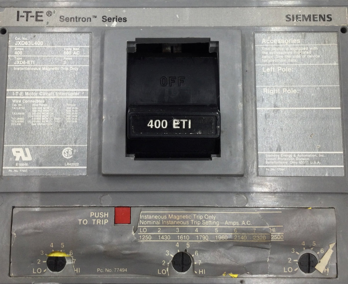 ITE/Siemens JXD63L400 400 Amp 3 Pole 600V Sentron Series Circuit Break