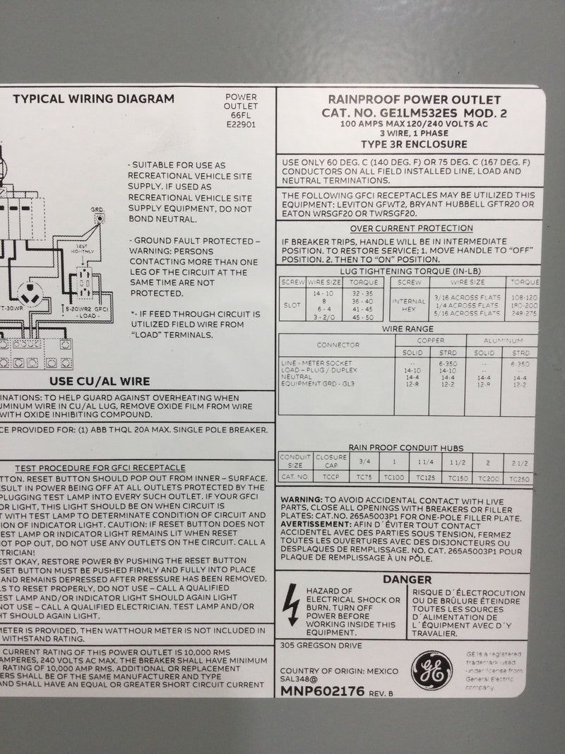 GE General Electric GE1LM532ES MOD. 2 RV Earth Burial Pedestal with 100 Amp and 50 AMP and 30 Amp RV Receptacles and a 20 Amp GFCI Receptacles