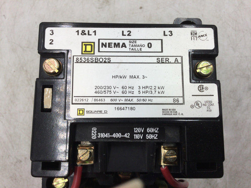 Square D 8536SBO2S Motor Starter NEMA 600V Max 50/60Hz Size 0 Series A