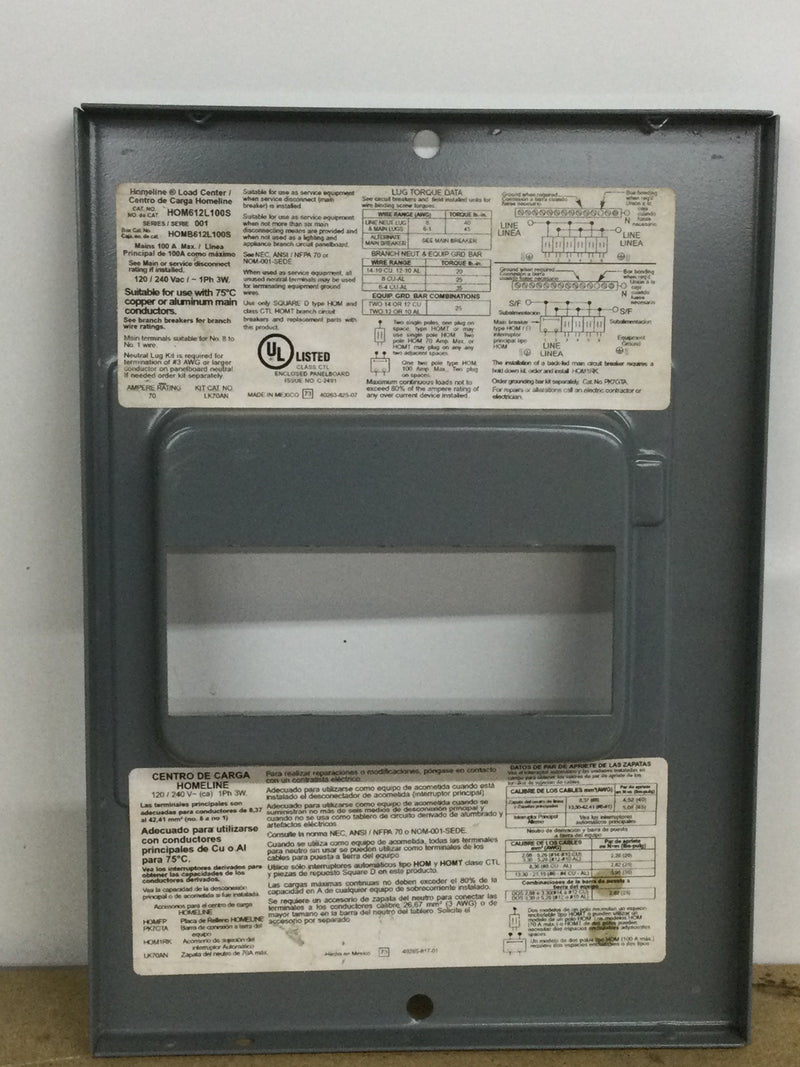 Square D HOM612L100S Dead Front Only 6 Space 100Amp 120/240V 1 Phase 3 Wire 12 3/4" x 9 1/8"