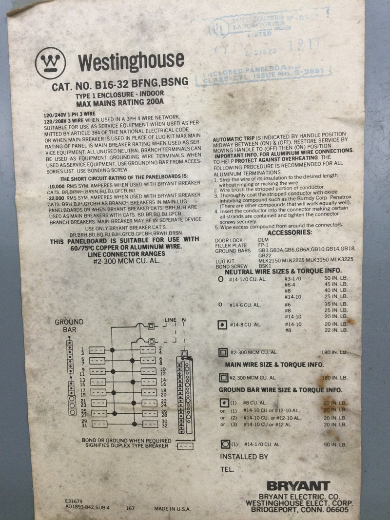 Westinghouse B16-32 BFNG, BSNG 200 Amp 120/240V 1 Phase 3 Wire 32 Space Panelboard Cover/Door 25 1/4" x 15.5"